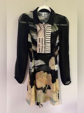 Blank London Anthropologie Hadley Black Floral Beaded Dress size small